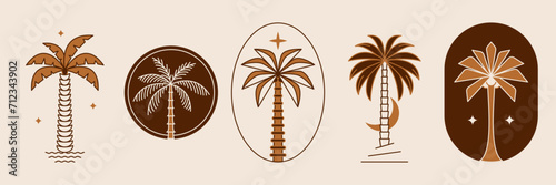 Palm tree arch frame thin line icon abstract design summer logo template modern minimal linear emblem for vacations rentals and travel services. Vector illustration
