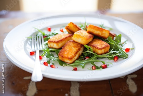 fried halloumi on a bed of arugula with pomegranate seeds
