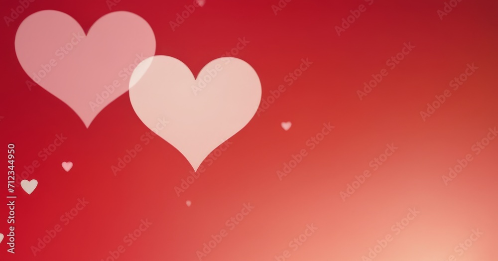 Red background with blurred white hearts, card design concept with space for text Mother's Day, Valentine's Day, Birthday