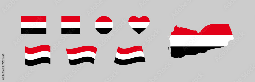 Fototapeta premium Yemen flag set and county map. National icon symbols, country in southwest Asia. Isolated vector illustration