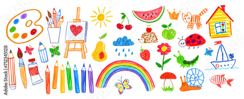 Felt pen vector illustrations collection of child drawings. Art supplies, animals and nature