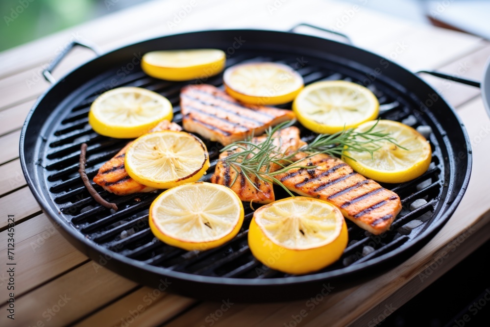 grilled halloumi slices with lemon wedges on a grill pan grilled halloumi slices with lemon wedges on a grill pan