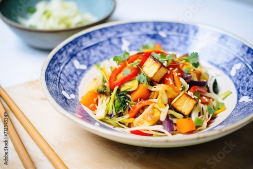 halloumi pieces in a rainbow vegetable stir-fry