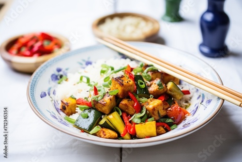 halloumi pieces in a rainbow vegetable stir-fry photo