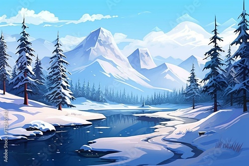 Winter landscape with spruce-trees, lake, and mountains on snowy hills. Perfect for a walk in fresh mountain air. Generative AI