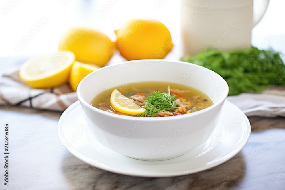 lentil soup in white bowl with lemon wedge lentil soup in white bowl with lemon wedge