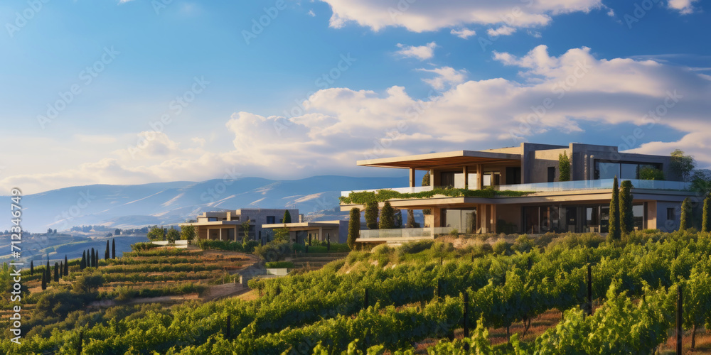 Vineyard landscape with a winery building on a hill under stunning sky. Rows of grapes. Generative AI