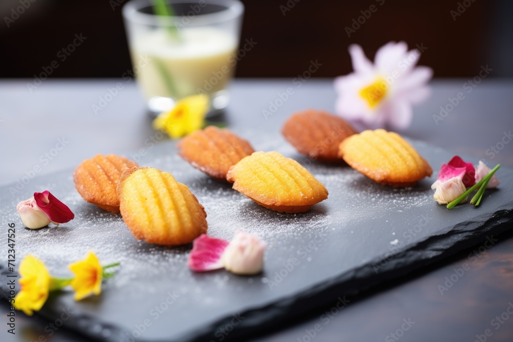 madeleines on a slate board with fresh raspberries madeleines on a slate board with fresh raspberries