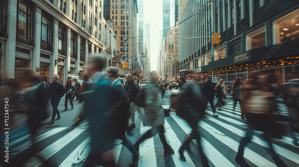 ダウンタウンを横断する歩行者の微速度撮影効果。ビジネスと時間の流れイメージ。
