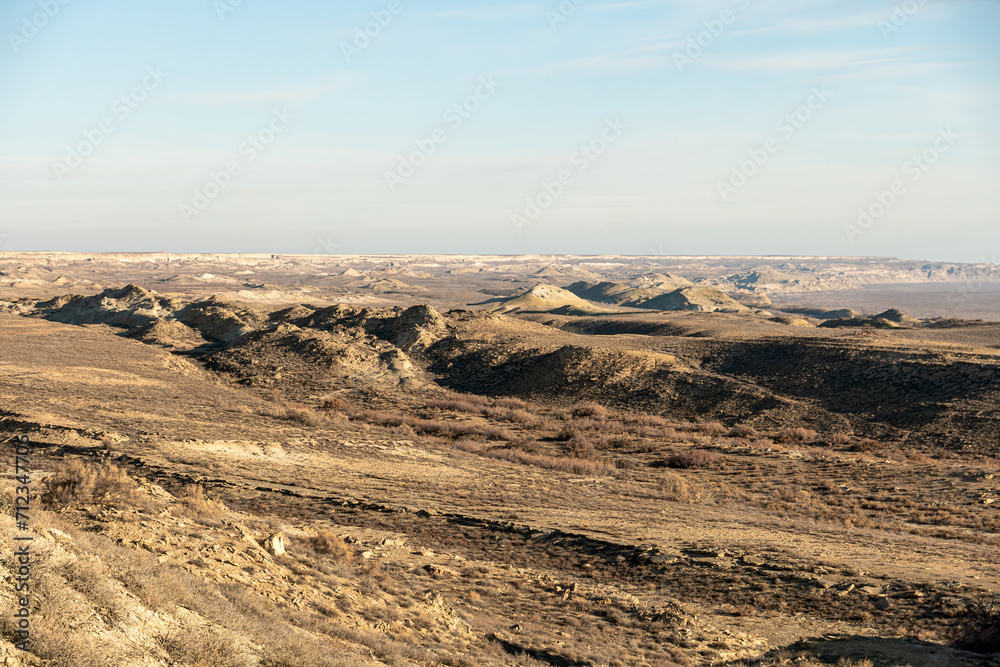 beautiful landscape on the site of the former Aral Sea. bottom of a dried-up lake,