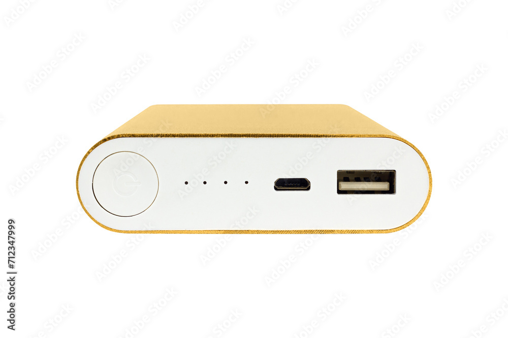 power bank in gold metal case isolated from background power bank in gold metal case isolated from background
