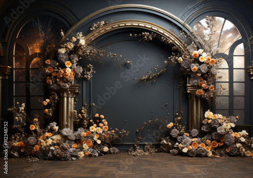 A captivating indoor photo backdrop with dark plants, a wedding column, and a blank wall, setting the stage for elegance