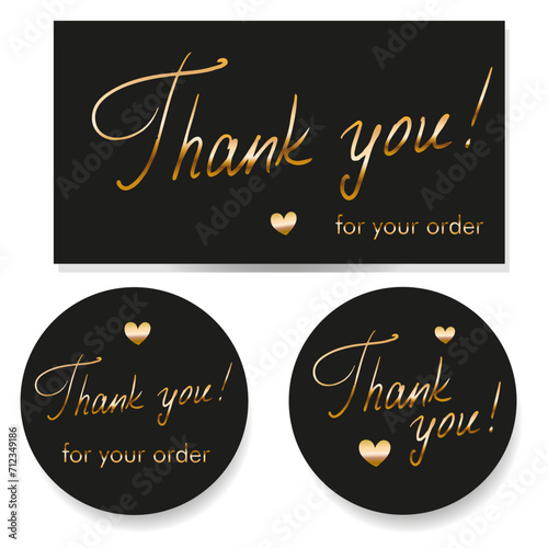 Thank you card and stickers set of labels, gold and black, shopping, welcome