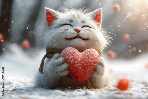 Cute cat with a big red heart for valentines day generative ai  photo