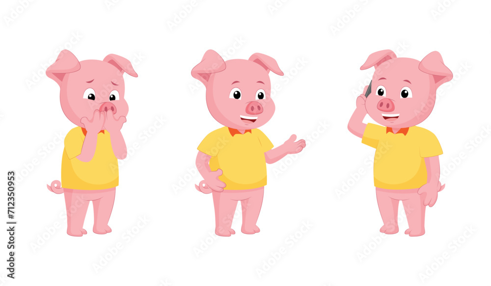 Cute Pig Cartoon Character Set with Different Poses. Pig Hands on Mouth, Talking on Phone Vector Illustration