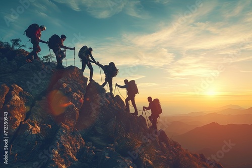 Beautiful view of people climbing mountains at sunrise
