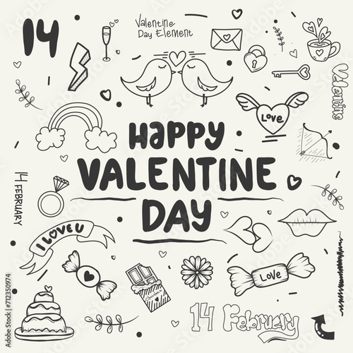Hand drawn happy valentine day doodle cute elements. Design for prints cards and coloring pages.