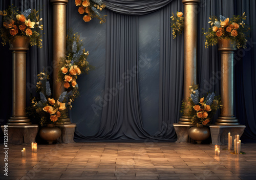 A captivating indoor photo backdrop with dark plants, a wedding column, and a blank wall, setting the stage for elegance