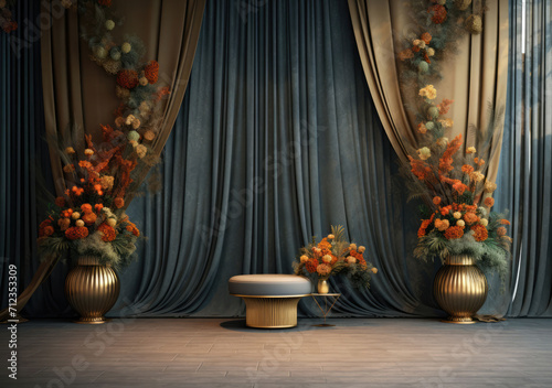 A captivating indoor photo backdrop with dark plants, a wedding column, and a blank wall, setting the stage for elegance