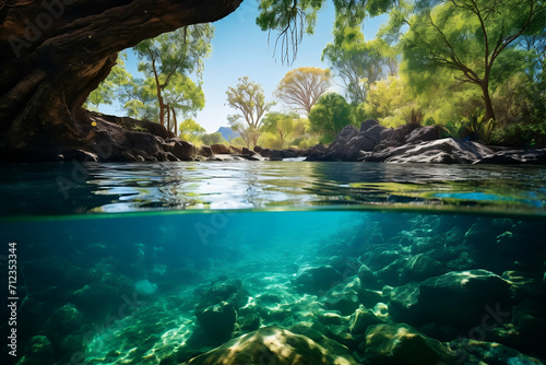 Underwater view of a river in the middle of the Australian bush.