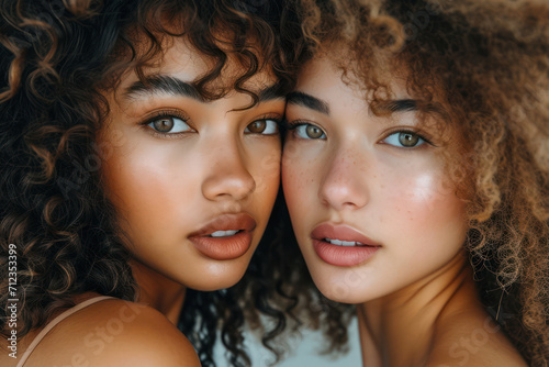 Friendship and Beauty: Attractive Caucasian Women, Young Models with Multicultural Hairstyles, Posing Together with Natural Makeup and Gorgeous Smiles
