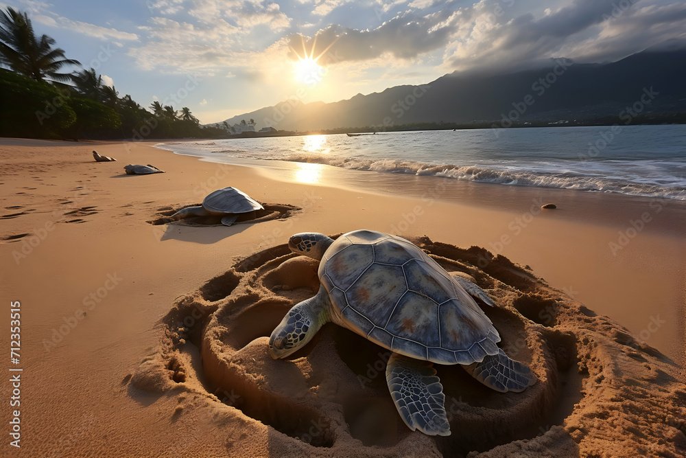 Hawaiian Green Sea Turtle (Chelonia mydas) on the beach at sunset