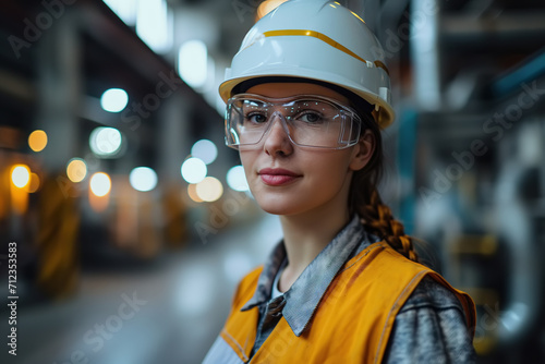 Portrait of a Caucasian young woman worker in overalls at a modern heavy industry production plant © Sergio