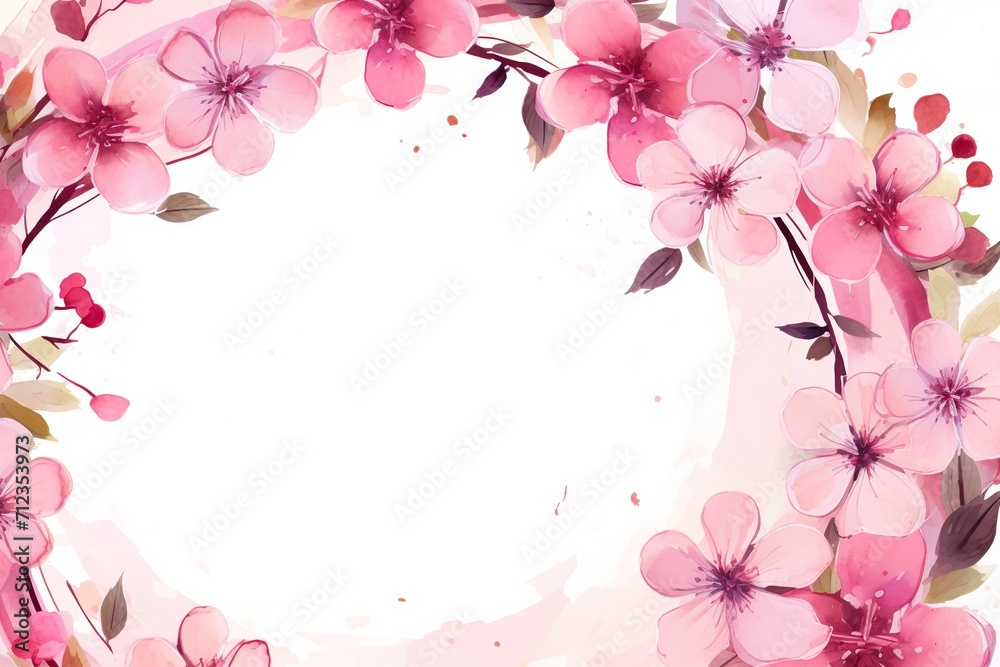 Circle Frame with Pink Watercolor Flowers. Beautiful Mother's Day Illustration with copy-space.