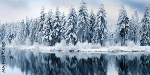 Rows of pines in snow on the lake edge. Serene winter landscape. Generative AI