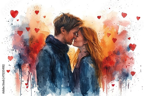 Couple in love hugging and kissing. Young love. ai generated. Watercolor illustration of kissing and hugging couple surrounded by hearts. Romantic date. Valentine's day card photo