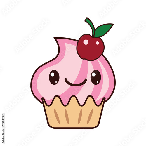 Cup Cake with a cute face cartoon kawaii style - Cupcake Vector Art Illustration 