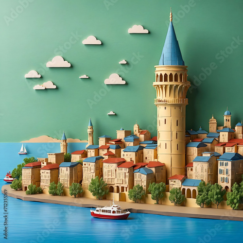 Beautiful Istanbul Galata Tower paper art. Generative ai photo