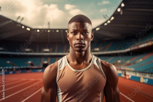 Portrait of a track and field athlete at a competition against the background of a stadium