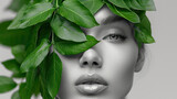 Fresh and Attractive Beauty: A Young Woman with Green Leaves on Her Face and a Tropical Background