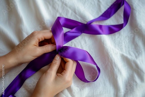 Hands Holding a Purple or Violet Ribbon on White Fabric. cancer day