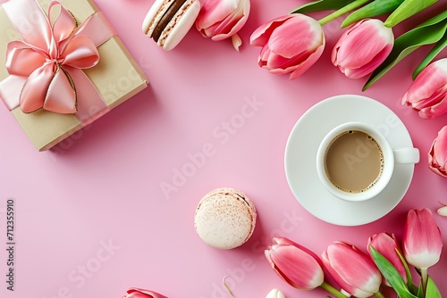 Morning Coffee with Macaron Cake, Gift Box, and Spring Vibes.