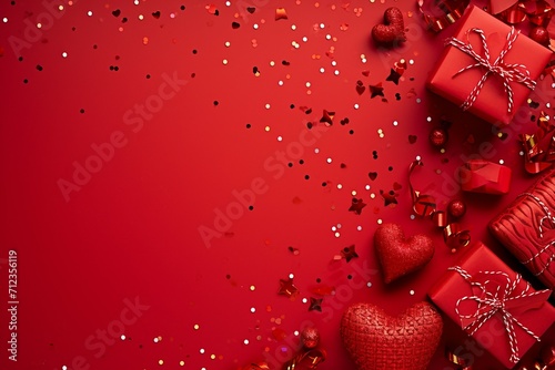 Solid Red Background Adorned with Red Hearts and Gifts.