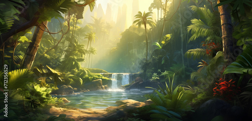Rio no meio da floresta verde tropical com a luz de um dia ensolarado - Ilustração  photo