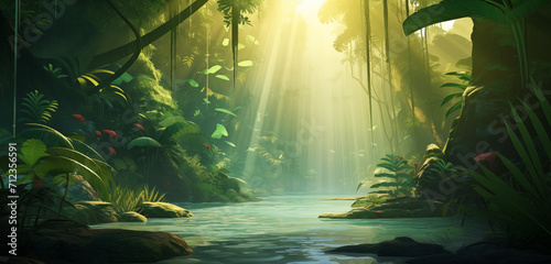 Rio no meio da floresta verde tropical com a luz de um dia ensolarado - Ilustra    o 