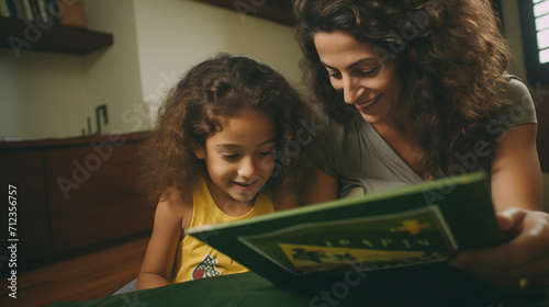 Uma mulher brasileira lendo um livro de historias com sua filha  photo