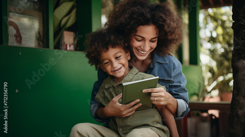 Uma mulher brasileira lendo um livro de historias com seu filho  photo
