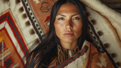 Portrait of American Indian woman in traditional costume.  photo