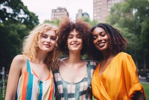 Three young smiling women of different races in summer colored clothes on a city street
