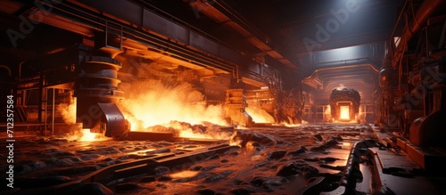 view of the melting process of molten steel  in a steel industry factory