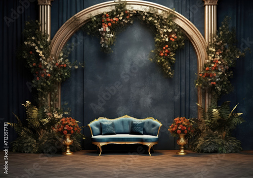A captivating indoor photo backdrop with dark plants, a wedding column, and a blank wall, setting the stage for elegance