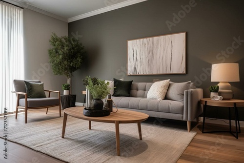 Decorative living area with contemporary furnishings  stylish accents  and a calming eucalyptus wall. Home staging with ample copy space. Generative AI