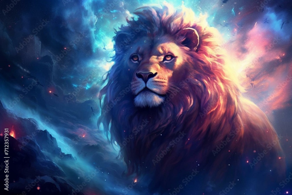 Stunning cosmic artwork showcasing galaxies, nebulae, and a lion-like figure in space. Generative AI