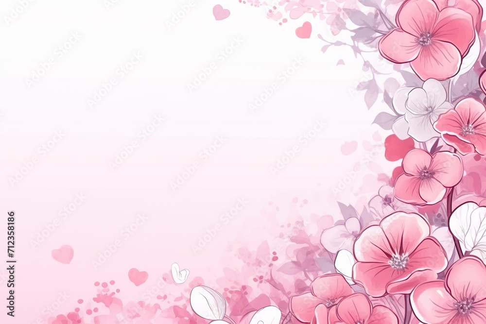 Romantic Valentine's Day Frame with Watercolor Flowers. Pink and White Rectangle Illustration with copy-space