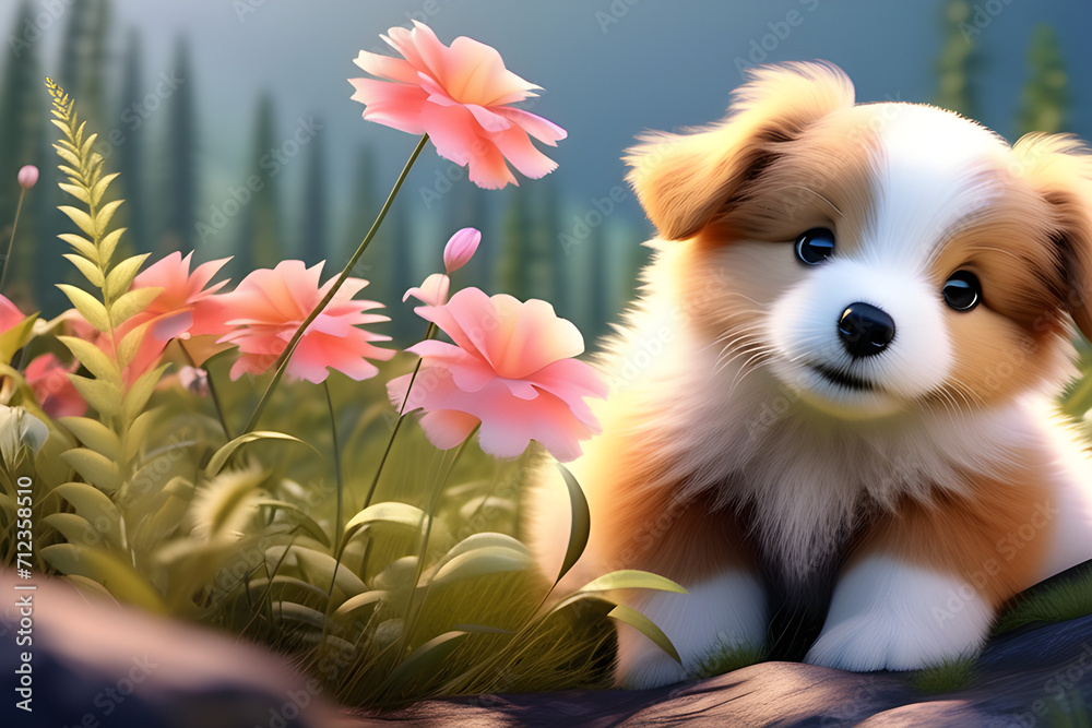 chihuahua puppy with flowers, Generative AI chihuahua puppy with flowers, Generative AI