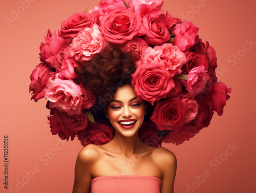 A beautiful woman with a rose flower bouquet in her hair - ai generative